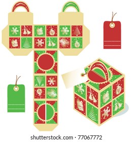 Christmas or New Year gift packaging template with assembled isometric view and gift tags ( for high res JPEG or TIFF see image 77103145 )