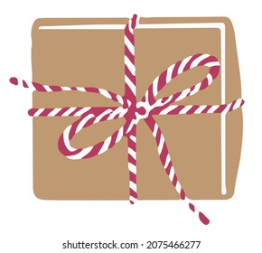 Christmas or new year gift, present for xmas. Isolated package with simple wrapping paper and decorative vibrant ribbon. Minimalist container with surprise for birthday. Vector in flat style