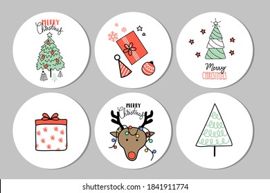 Christmas New Year gift round stickers. Labels xmas set. Hand drawn decorative element. Collection of holiday Christmas stickers. Vector illustration. Lettering, Calligraphy 