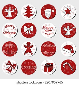 Christmas and New Year gift round stickers. Christmas labels. Hand drawing decorative elements. Collection of festive Christmas stickers in red and white color. Texture. Vector. Winter lettering.
