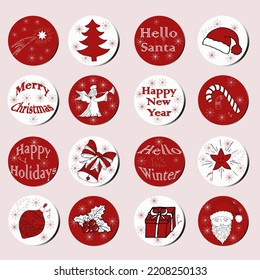 Christmas and New Year gift round stickers. Christmas labels. Hand drawing decorative elements. Collection of festive Christmas stickers in red and white color. Texture. Vector. Winter lettering.
