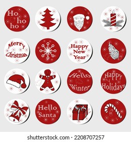 Christmas and New Year gift round stickers. Christmas labels. Hand drawing decorative elements. Collection of festive Christmas stickers in red and white color. Texture. Vector. Winter lettering.
