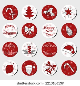 Christmas and New Year gift round stickers. Christmas labels. Hand drawing decorative elements. Collection of festive Christmas stickers in red and white color. Texture. Vector. Winter lettering.
