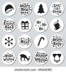 Christmas New Year gift round stickers. Labels xmas set. Hand drawn decorative element. Collection of holiday christmas stickers in black white. Texture. Vector illustration. Lettering, calligraphy