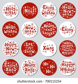 Christmas New Year gift round stickers. Labels xmas set. Hand drawn decorative element. Collection of holiday christmas stickers in red white. Texture. Vector illustration. Lettering, calligraphy