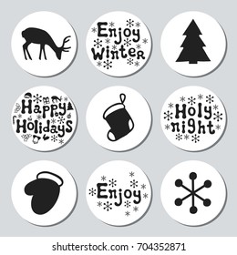Christmas New Year gift round stickers. Labels xmas set. Hand drawn decorative element. Collection of holiday christmas stickers in black white. Texture. Vector illustration. Lettering, calligraphy