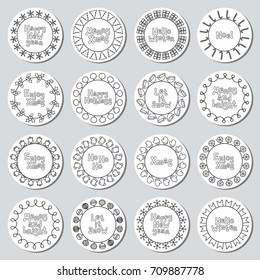 Christmas New Year gift round stickers. Labels and badges xmas set. Hand drawn decorative element. Holiday christmas stickers. Texture. Vector illustration. Lettering, calligraphy. Christmas phrase