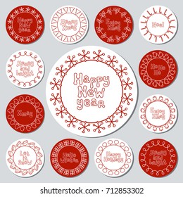 Christmas New Year gift round stickers. Labels and badges xmas set. Hand drawn decorative element. Holiday christmas stickers. Texture. Vector illustration. Lettering, calligraphy. Christmas phrase
