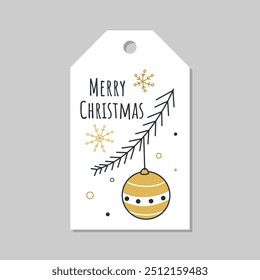 Christmas and New Year gift tag and label vector template. Hand drawn fir branch with christmas ball. Perfect for decorating gifts, invitations, scrapbooking. Vector badge design