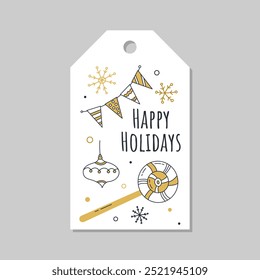 Christmas and New Year gift tag and label vector template. Hand drawn Christmas tree decorations, lollipop, garland, flags, snowflakes. Perfect for decorating gifts, invitations, scrapbooking, badge