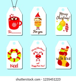Christmas and New year gift tags. Shopping and sale tags with traditional wishes and cute characters. Vector set