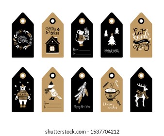 Christmas and New Year gift tags. Set of 10 hand drawn holiday label in black white and brown. Vector illustration.