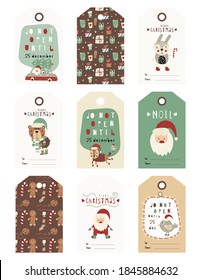 Christmas and New year gift tags with hand drawn lettering, Christmas elements, Santa Claus and woodland animals. Vector illustration. Hang tag is great for packaging gifts.