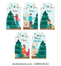 Christmas and New Year gift tags set with people decorating Christmas tree.