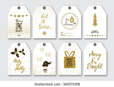 Christmas, New Year gift tags set with gold glitter textured elements and modern ink brush pen calligraphy.