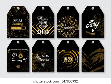 Christmas, New Year gift tags with gold glitter textured elements and modern ink brush pen calligraphy.