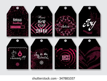 Christmas, New Year gift tags with gold glitter textured elements and modern ink brush pen calligraphy.