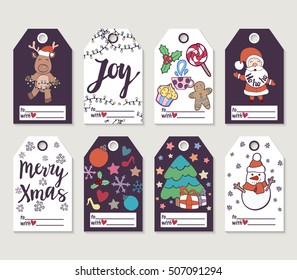 Christmas and New Year gift tags and cards. Hand drawn doodle design elements and calligraphy. Handwritten modern lettering.