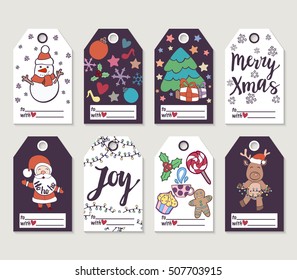 Christmas and New Year gift tags and cards. Hand drawn doodle design elements and calligraphy. Handwritten modern lettering.