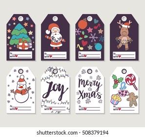 Christmas and New Year gift tags and cards. Hand drawn doodle design elements and calligraphy. Handwritten modern lettering.