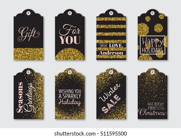 Christmas, New Year gift tags set with gold glitter textured elements and typography. Golden, black, pink colors.