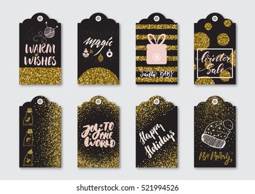 Christmas, New Year gift tags with gold glitter textured design elements and modern ink brush pen calligraphy.