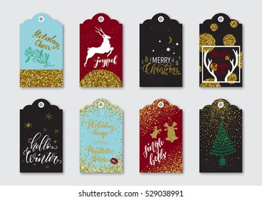 Christmas, New Year gift tags with gold glitter textured design elements and modern ink brush pen calligraphy.