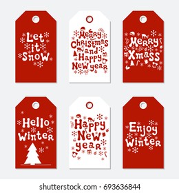 Christmas and New Year gift tags. Cards xmas set. Hand drawn elements. Collection of holiday paper label in red and white. Seasonal badge sale design. Texture. Print. Vector illustration. Lettering
