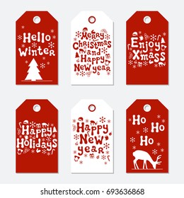 Christmas and New Year gift tags. Cards xmas set. Hand drawn elements. Collection of holiday paper label in red and white. Seasonal badge sale design. Texture. Print. Vector illustration. Lettering