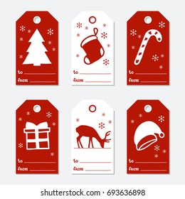Christmas and New Year gift tags. Cards xmas set with hand drawing elements. Collection of holiday paper label in red and white. Seasonal badge sale design. Texture. Print. Vector illustration