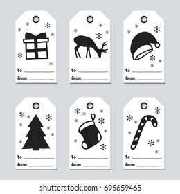 Christmas and New Year gift tags. Cards xmas set with hand drawing elements. Collection of holiday paper label in black and white. Seasonal badge sale design. Texture. Print. Vector illustration