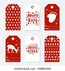 Christmas and New Year gift tags. Cards xmas set with hand drawing elements. Collection of holiday paper label in red and white. Seasonal badge sale design. Texture. Print. Vector illustration.