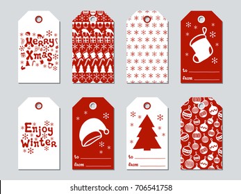 Christmas and New Year gift tags. Cards xmas set. Hand drawn elements. Collection of holiday paper label in red and white. Seasonal badge sale design. Texture. Print. Vector illustration. Lettering