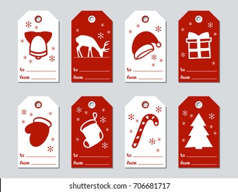 Christmas and New Year gift tags. Cards xmas set. Hand drawn elements. Collection of holiday paper label in red and white. Seasonal badge sale design. Texture. Print. Vector illustration. Lettering