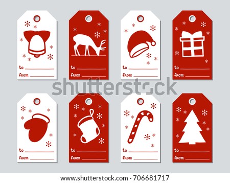 Christmas and New Year gift tags. Cards xmas set. Hand drawn elements. Collection of holiday paper label in red and white. Seasonal badge sale design. Texture. Print. Vector illustration. Lettering
