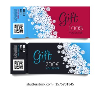 Christmas and New Year Gift Voucher, Coupon Template with monetary award, snowflakes diagonal design element and torn-off part