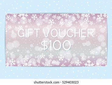 Christmas and New Year gift voucher with snowflakes.