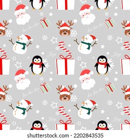 Christmas and New Year Gift Wrapping Paper Ideas  Seamless vector background of snowman,snowflakes,santa claus, reindeer.and gift box on silver color background.