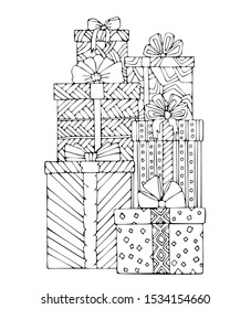 Christmas and New Year gifts with bows and small patterns. Cute winter illustration on white isolated background. Good for coloring book pages.