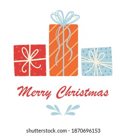Christmas and New Year gifts on white background. Set of cute giftboxes. Vector illustration. Collection of xmas or birthday presents. Hand drawn design elements. Happy holidays!