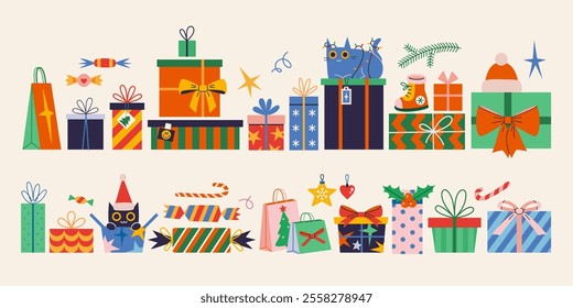 Christmas and New Year gifts package set, boxes and bags with festive decorations like ribbons and bows, wrapping paper. Trendy modern isolated vector illustration, hand drawn, flat design