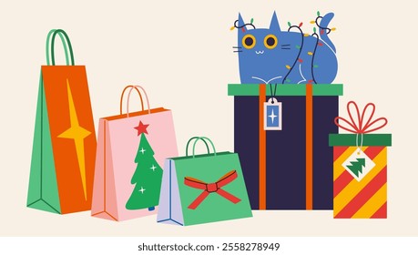 Christmas and New Year gifts package, boxes and bags with festive decorations,  cat in a garland. Trendy modern vector illustration isolated on white background, hand drawn, flat design