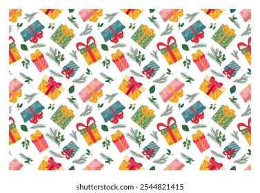 Christmas and New Year Gifts Pattern. Vector illustration for cards, posters, wrapping paper, covers and fabric.