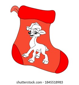 Christmas and New Year gifts sock icon. Illustration of a boy deer for celebrations. Vector graphics for advertising decoration and children's coloring.