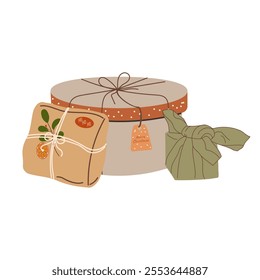 Christmas and New Year gifts of various shapes. Eco-friendly packaging. Isolated images on a white background. Vector illustration