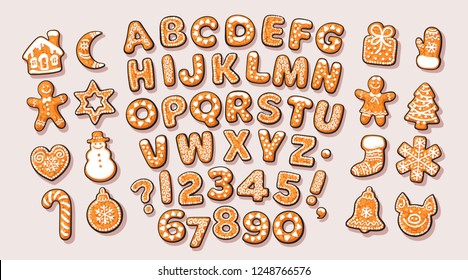 Christmas and New Year gingerbread alphabet and cute traditional holiday cookies. Sugar coated letters and numbers. Cartoon hand drawn isolated vector illustration.