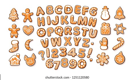 Christmas and New Year gingerbread alphabet and cute traditional holiday cookies. Sugar coated letters and numbers. Cartoon hand drawn vector illustration  isolated on white background.