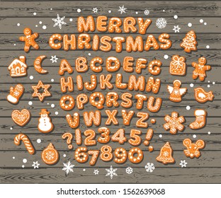 Christmas and New Year gingerbread alphabet, cute traditional holiday cookies, snowflakes. Sugar coated letters and numbers. Cartoon hand drawn vector illustration isolated on brown wooden background.