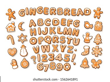 Christmas and New Year gingerbread alphabet and cute traditional holiday cookies. Sugar coated letters and numbers. Cartoon hand drawn vector illustration isolated on white background.