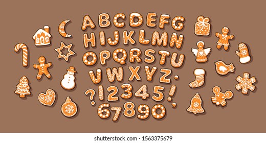 Alfabeto de pan de jengibre Navidad y Año Nuevo y bonitas galletas tradicionales de vacaciones. Números y letras recubiertas de azúcar. Dibujo vectorial dibujado a mano aislado en fondo café marrón.